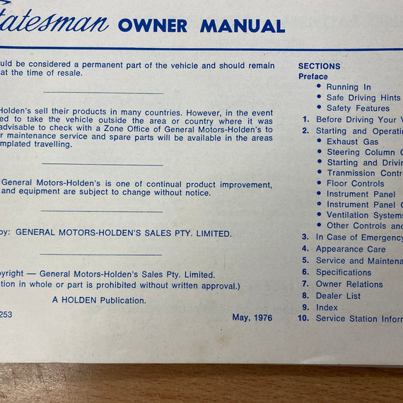 Holden HJ Statesman and caprice owners manual B5